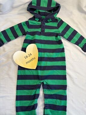 Hanna Andersson-  Green and Gray Striped Hooded Romper/one piece outfit